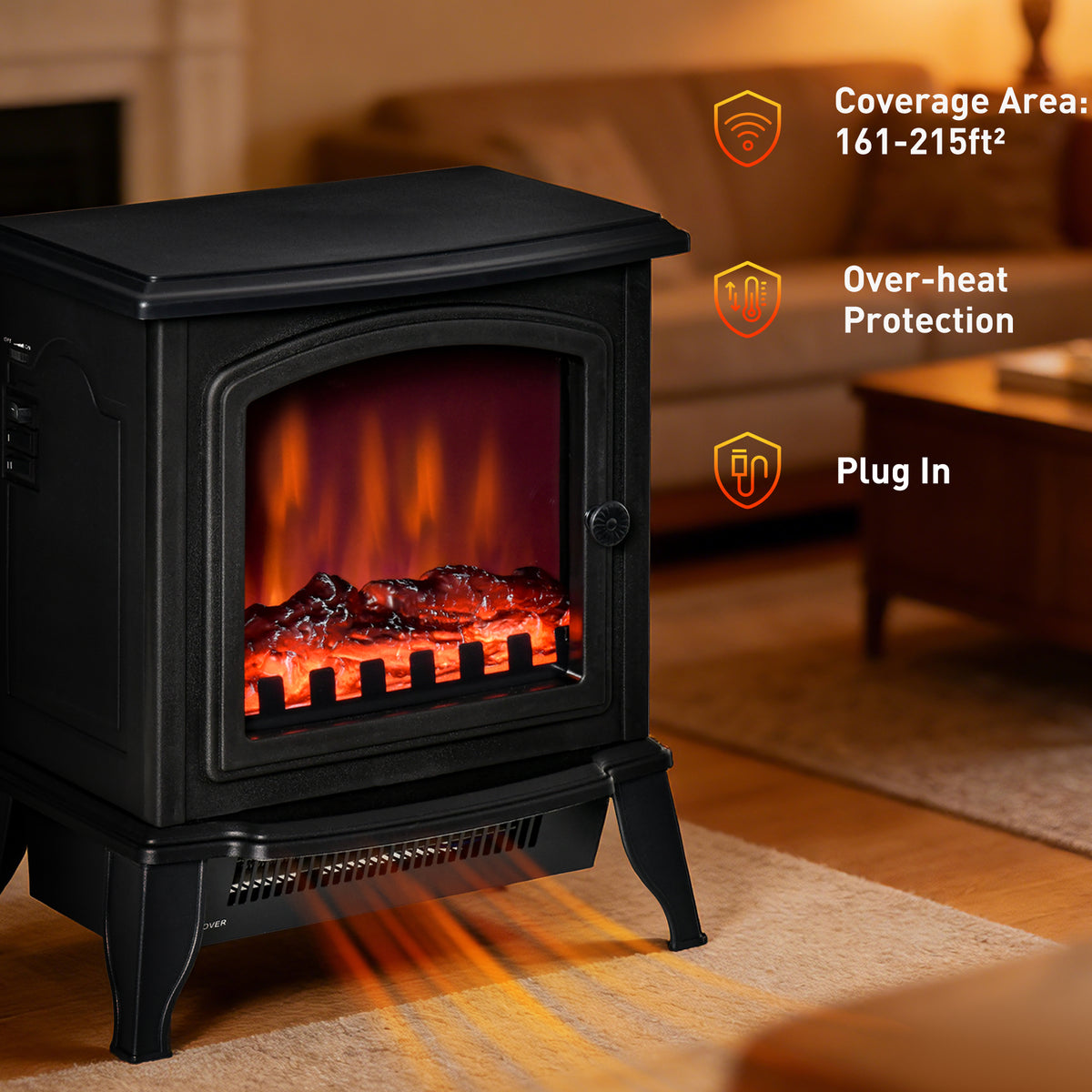 Electric Fireplace Heater - 1500W Freestanding Stove Black-Electric Fireplaces-DECOROLALA