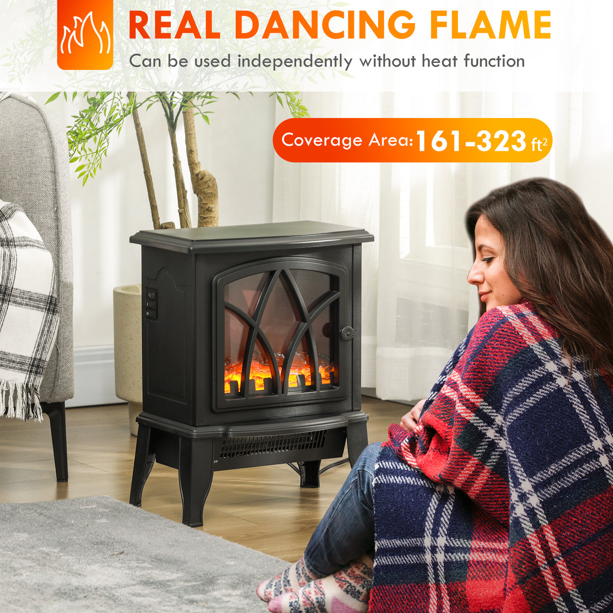 Electric Fireplace Stove - Freestanding 1500W Heater Black-Electric Fireplaces-DECOROLALA