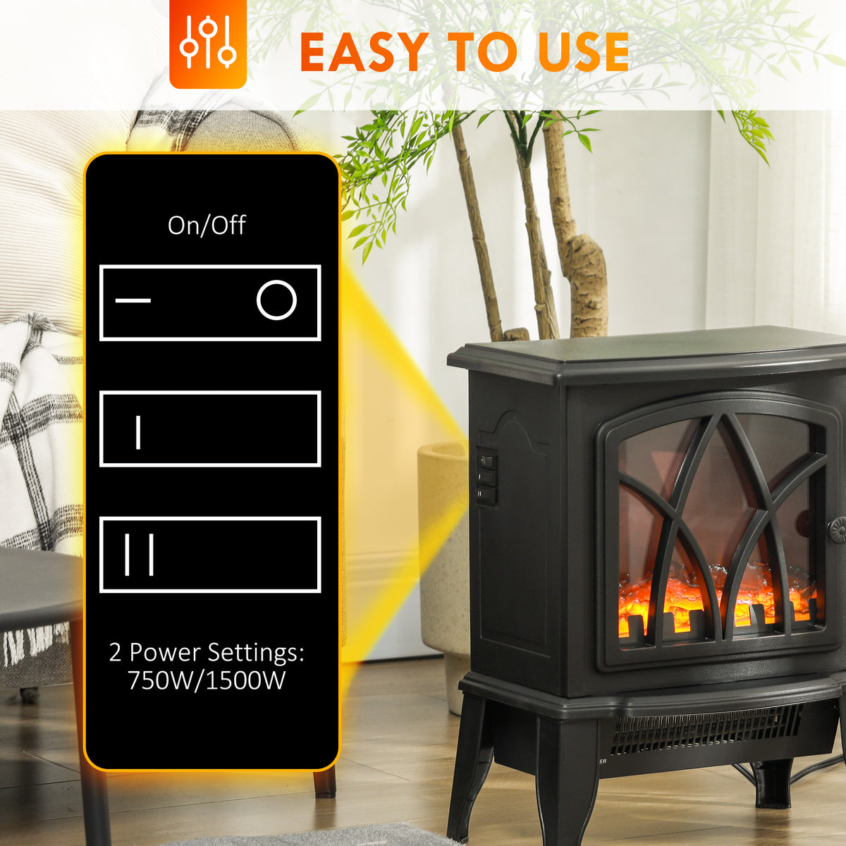 Electric Fireplace Stove - Freestanding 1500W Heater Black-Electric Fireplaces-DECOROLALA