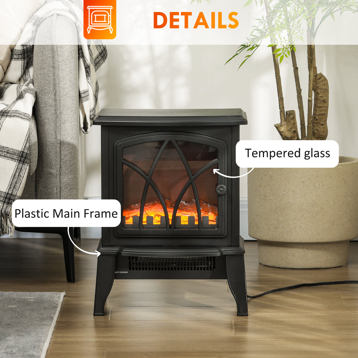 Electric Fireplace Stove - Freestanding 1500W Heater Black-Electric Fireplaces-DECOROLALA