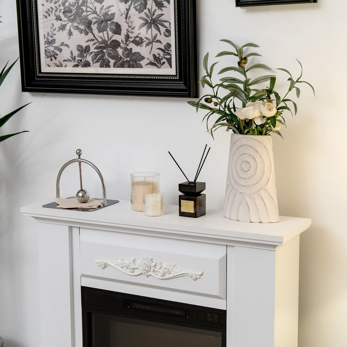 1400W TV Stand Electric Fireplace Mantel with Remote Control-White-Fireplaces-DECOROLALA