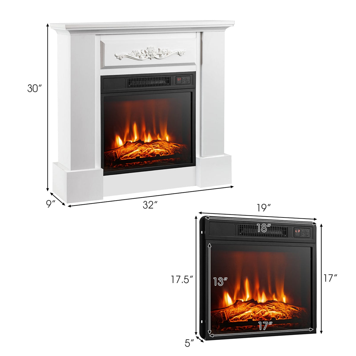 1400W TV Stand Electric Fireplace Mantel with Remote Control-White-Fireplaces-DECOROLALA