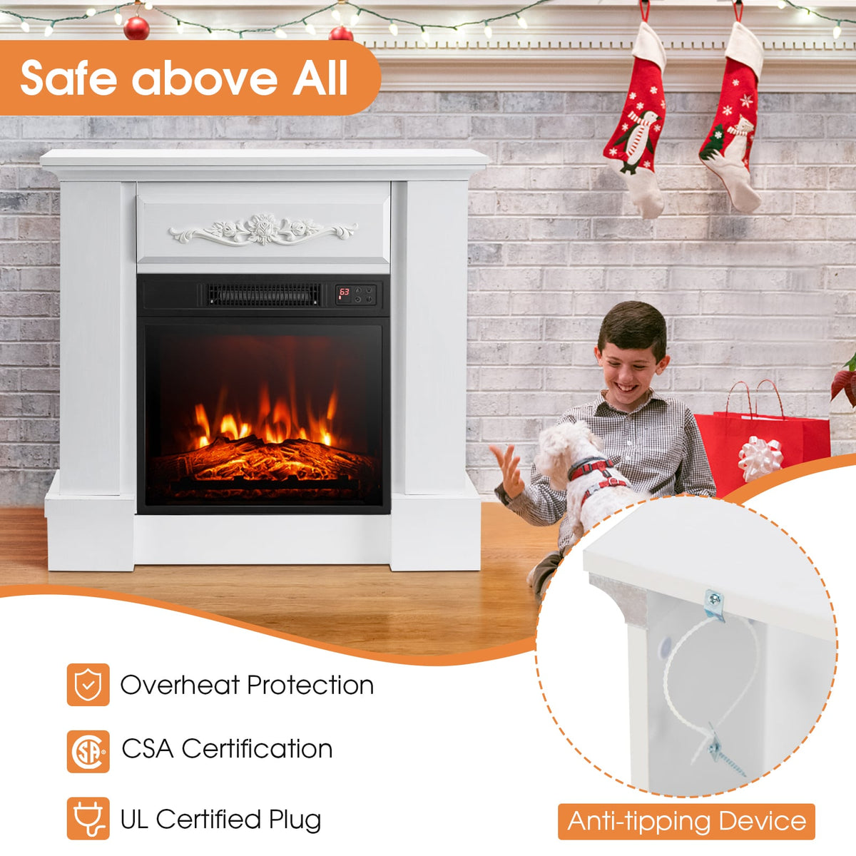 1400W TV Stand Electric Fireplace Mantel with Remote Control-White-Fireplaces-DECOROLALA