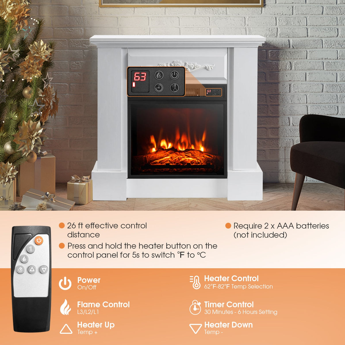 1400W TV Stand Electric Fireplace Mantel with Remote Control-White-Fireplaces-DECOROLALA