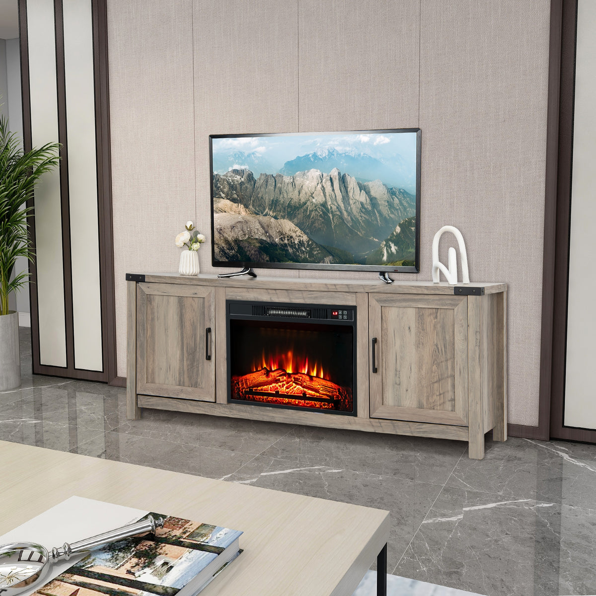 Electric Fireplace TV Stand with Storage Cabinets for TVs up to 70 Inch-Natural-Entertainment Centers & TV Stands-DECOROLALA
