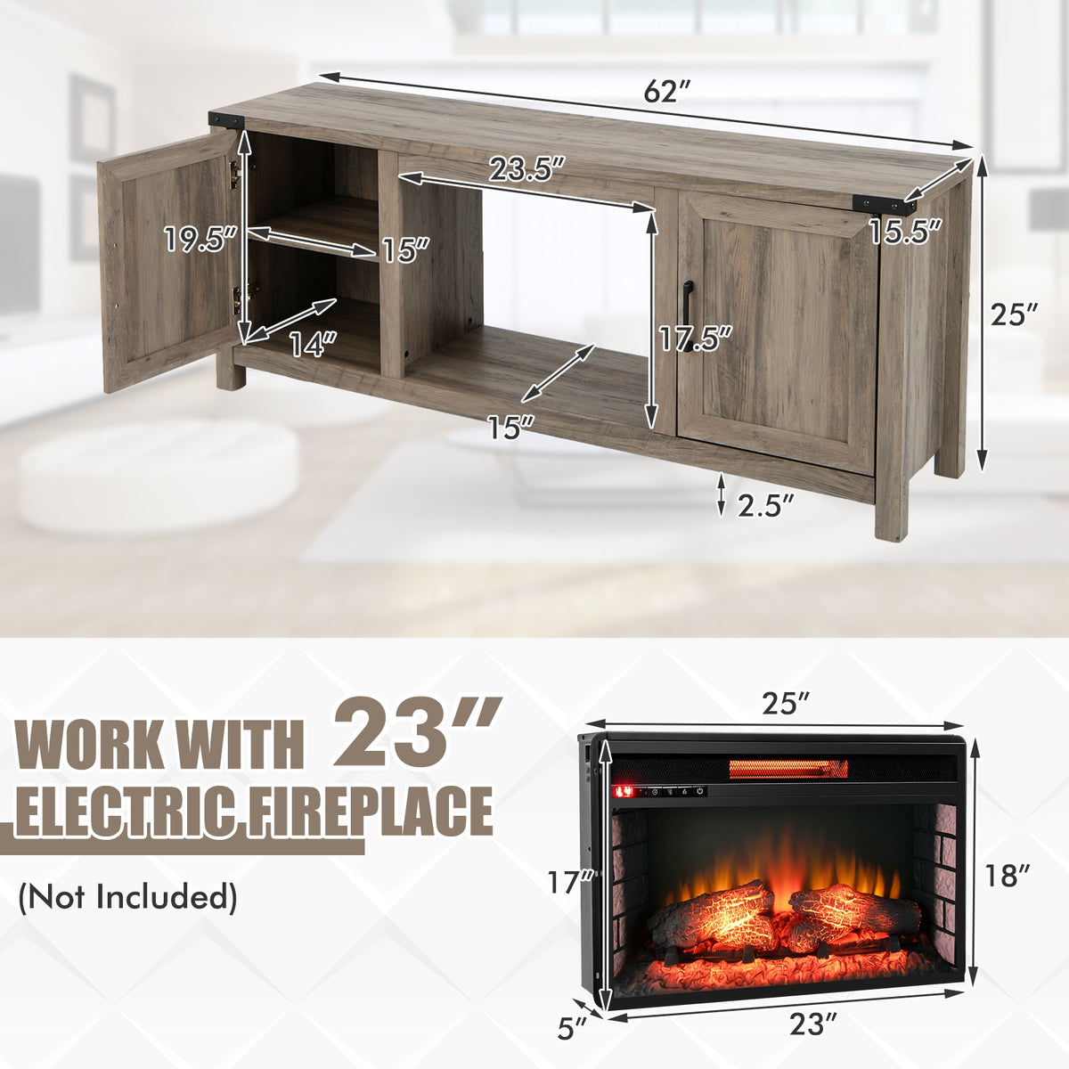 Electric Fireplace TV Stand with Storage Cabinets for TVs up to 70 Inch-Natural-Entertainment Centers & TV Stands-DECOROLALA
