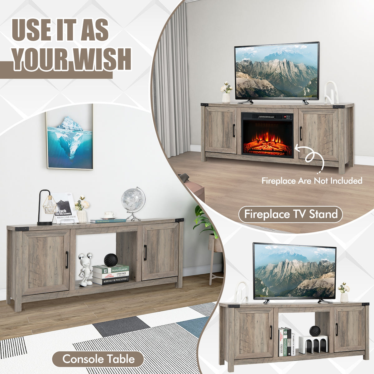 Electric Fireplace TV Stand with Storage Cabinets for TVs up to 70 Inch-Natural-Entertainment Centers & TV Stands-DECOROLALA