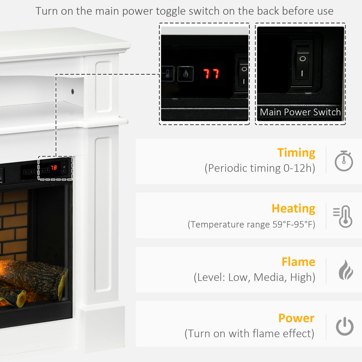 Electric Fireplace with Mantel - White 1400W 32" Freestanding-Electric Fireplaces-DECOROLALA