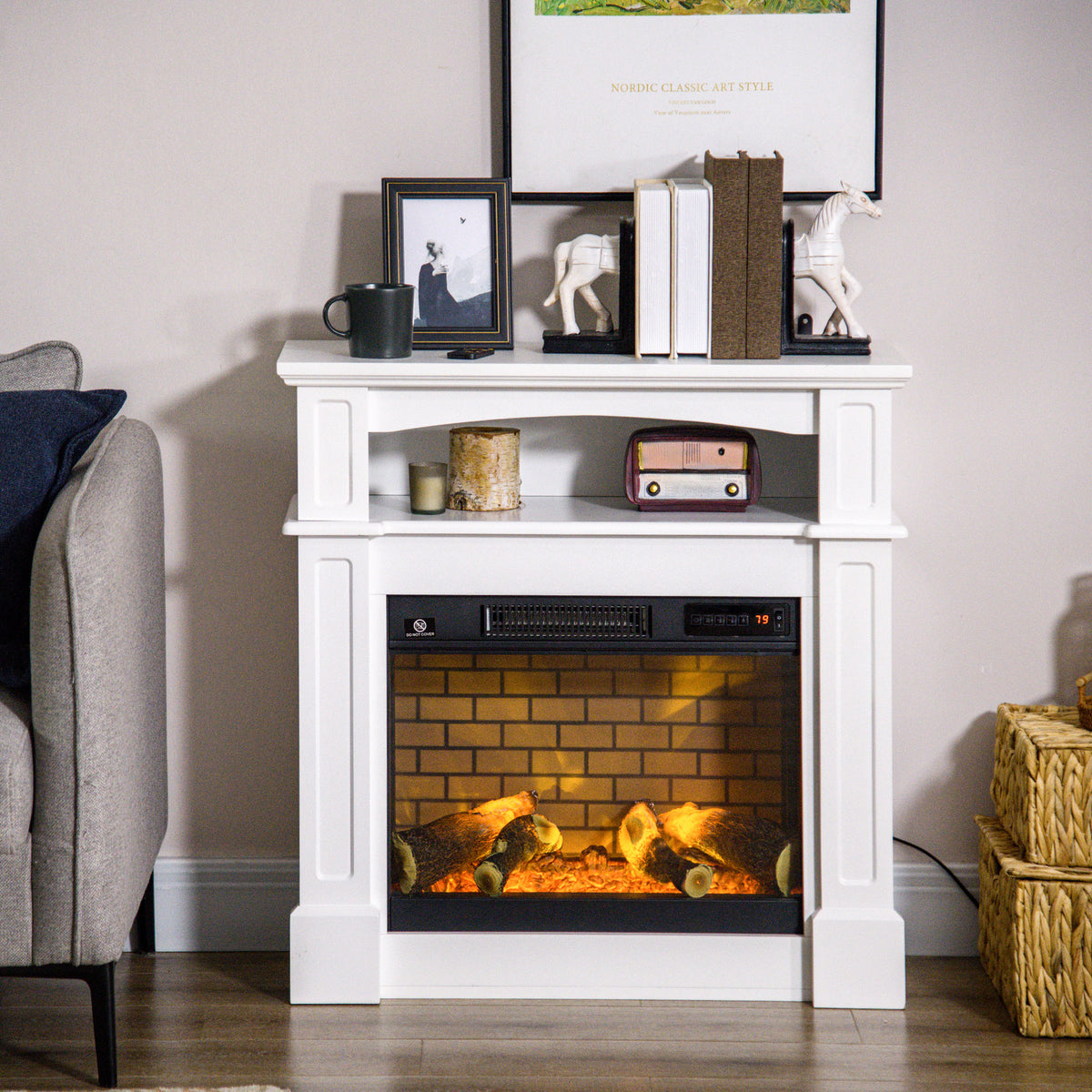 Electric Fireplace with Mantel - White 1400W 32" Freestanding-Electric Fireplaces-DECOROLALA