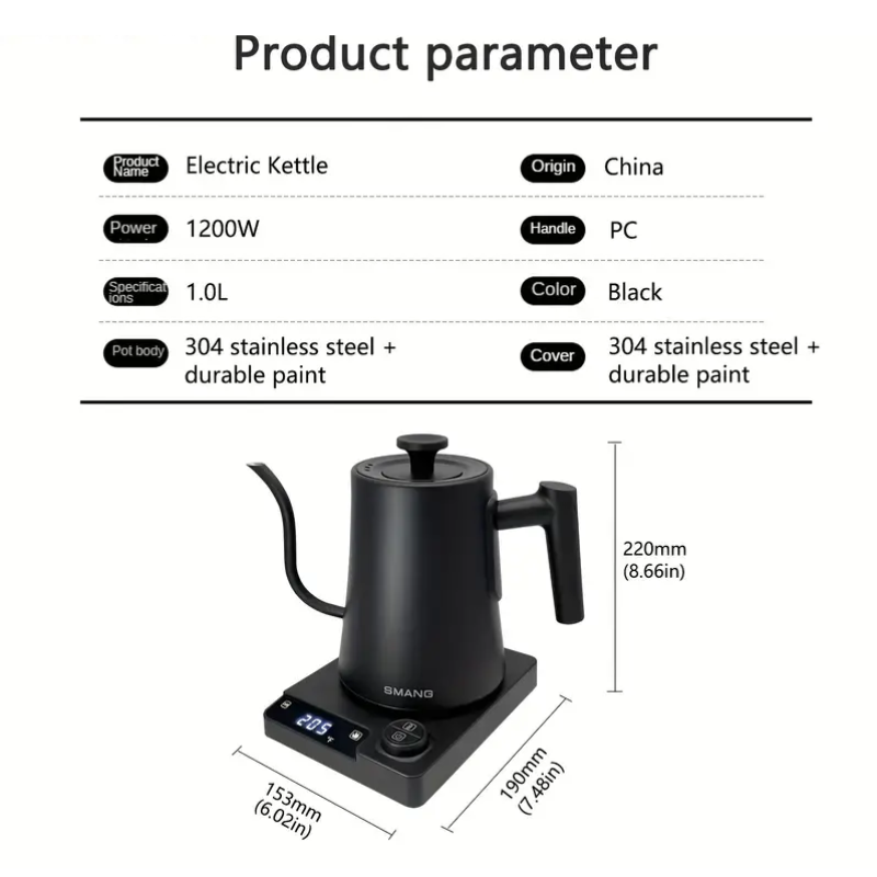 Electric Gooseneck Kettle - Black Stainless Steel 1200W 1L-Kitchen & Dining Benches-DECOROLALA