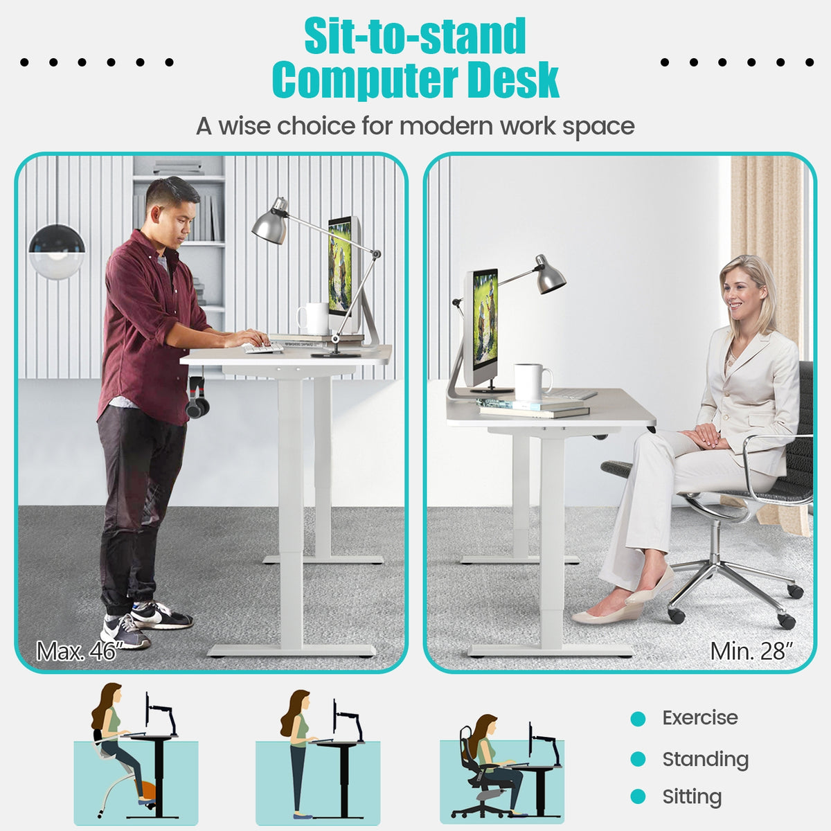 Electric Height Adjustable Standing Desk with Memory Controller-White-Standing Desks-DECOROLALA