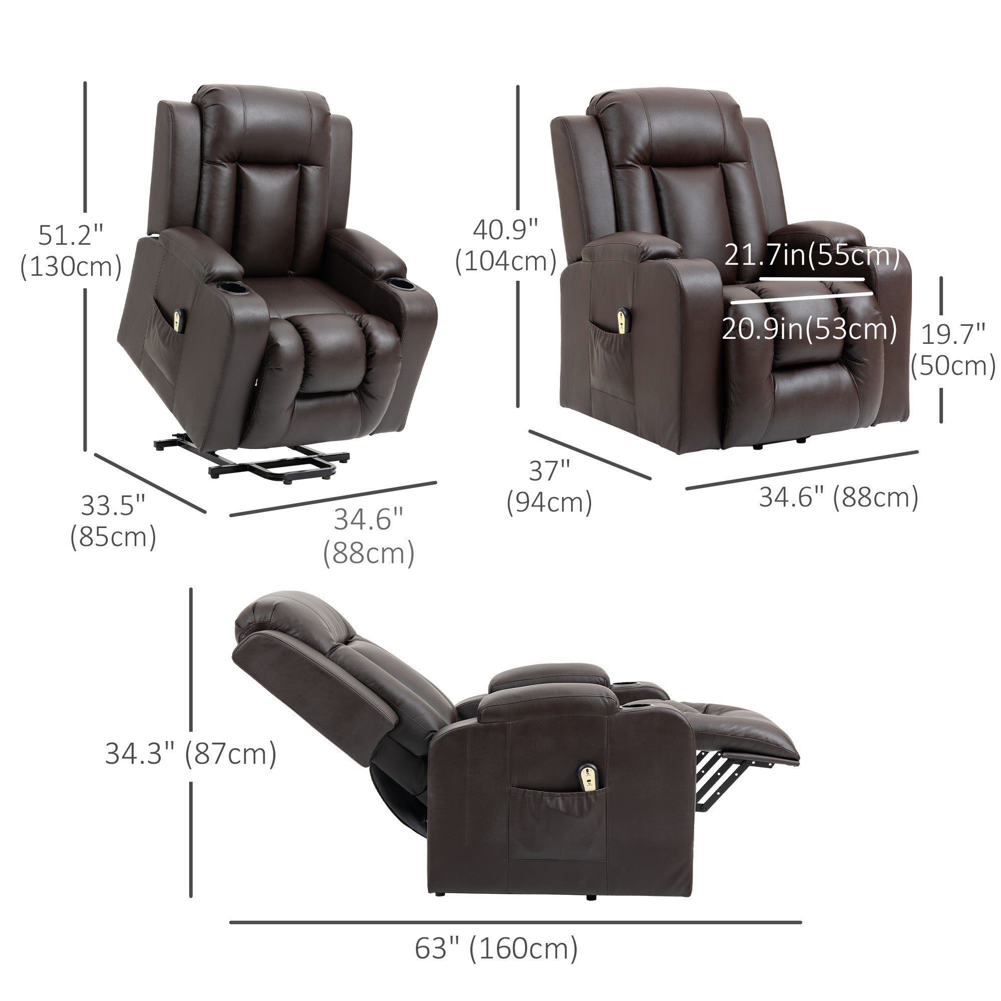 Electric Power Lift Chair, PU Leather Recliner Sofa with Footrest, Remote Control and Cup Holders, Brown-DECOROLALA