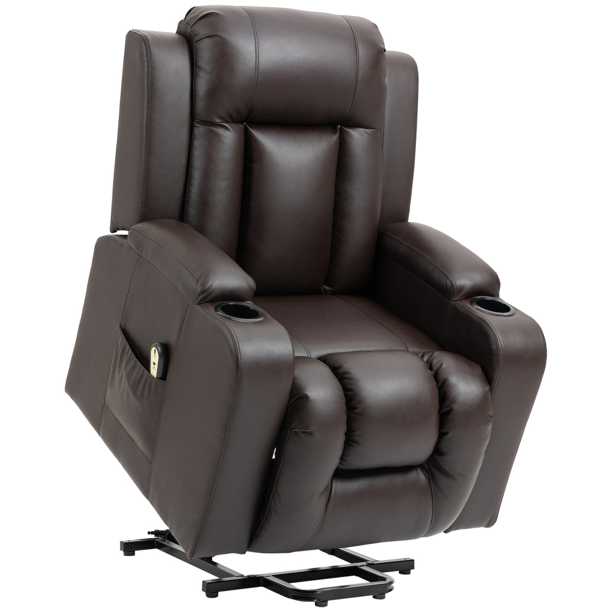 Electric Power Lift Chair, PU Leather Recliner Sofa with Footrest, Remote Control and Cup Holders, Brown-DECOROLALA