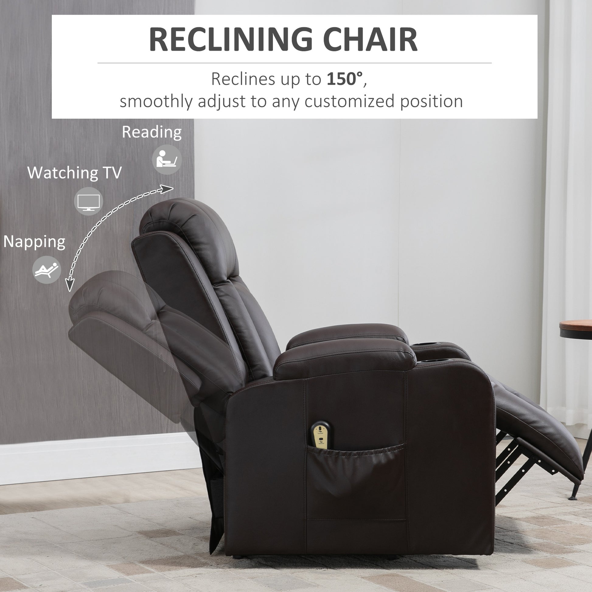 Electric Power Lift Chair, PU Leather Recliner Sofa with Footrest, Remote Control and Cup Holders, Brown-DECOROLALA