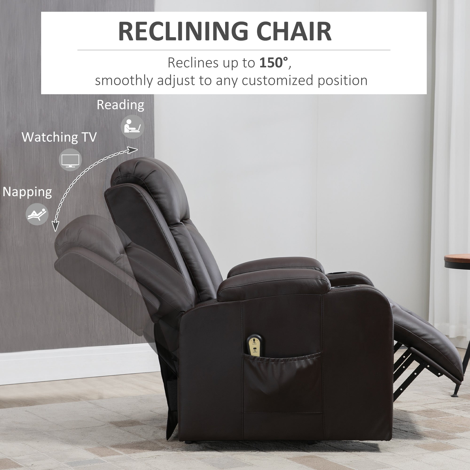 Electric Power Lift Chair, PU Leather Recliner Sofa with Footrest, Remote Control and Cup Holders, Brown-DECOROLALA