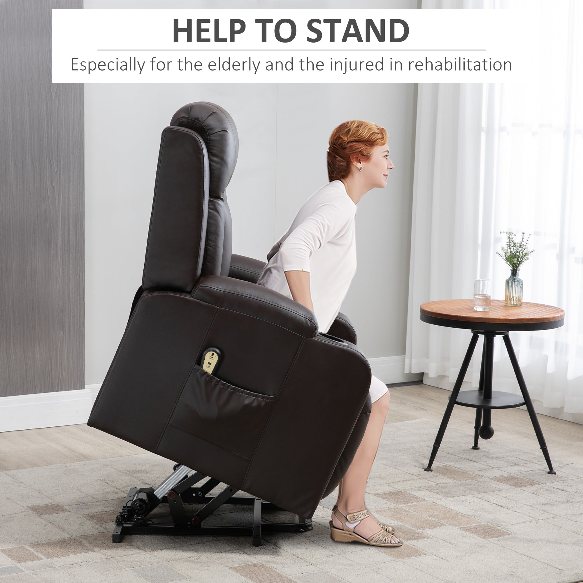 Electric Power Lift Chair, PU Leather Recliner Sofa with Footrest, Remote Control and Cup Holders, Brown-DECOROLALA