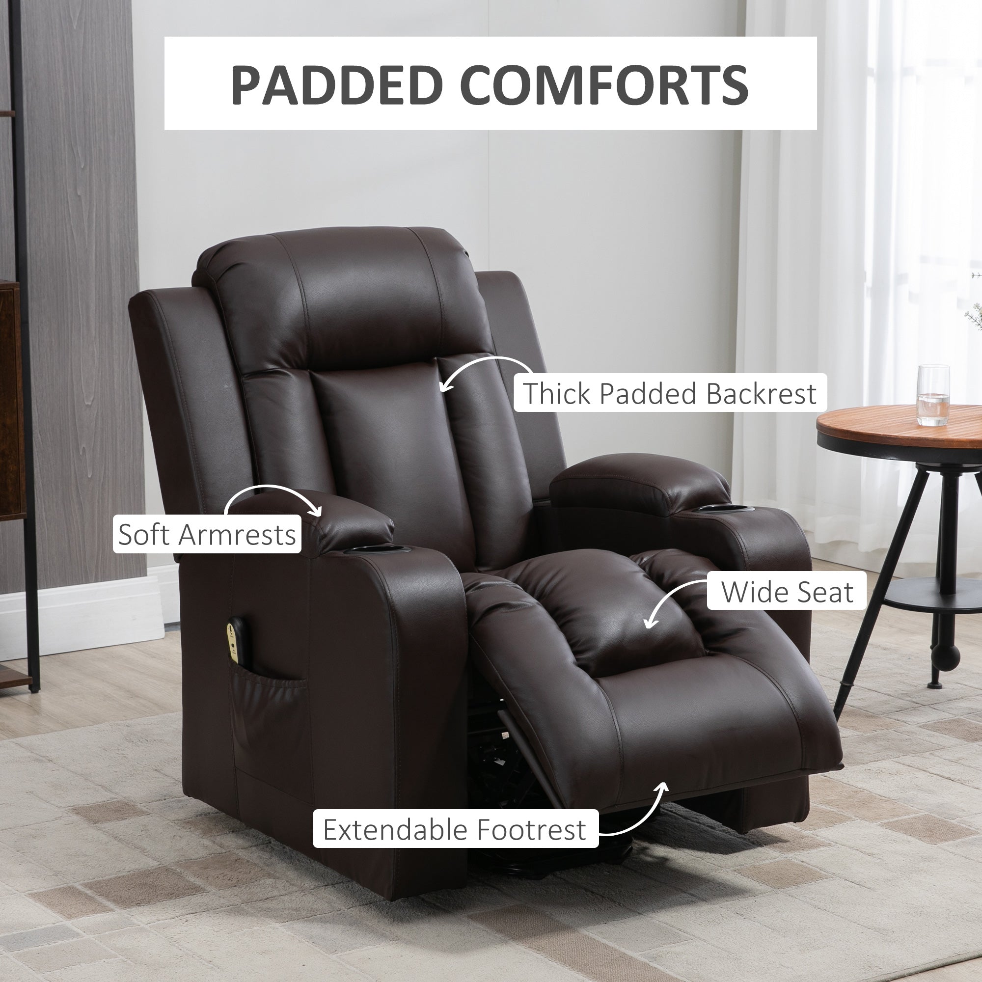 Electric Power Lift Chair, PU Leather Recliner Sofa with Footrest, Remote Control and Cup Holders, Brown-DECOROLALA