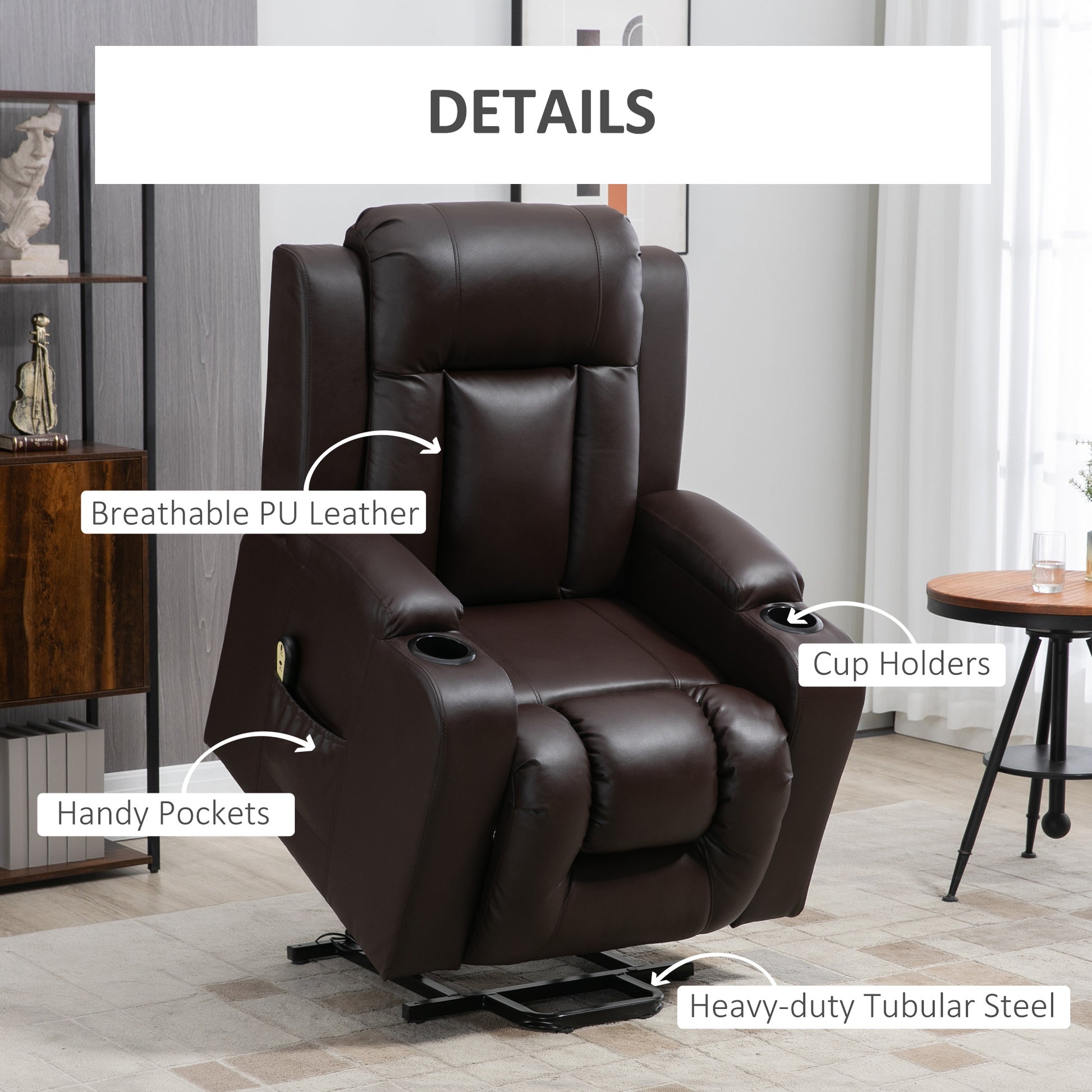 Electric Power Lift Chair, PU Leather Recliner Sofa with Footrest, Remote Control and Cup Holders, Brown-DECOROLALA