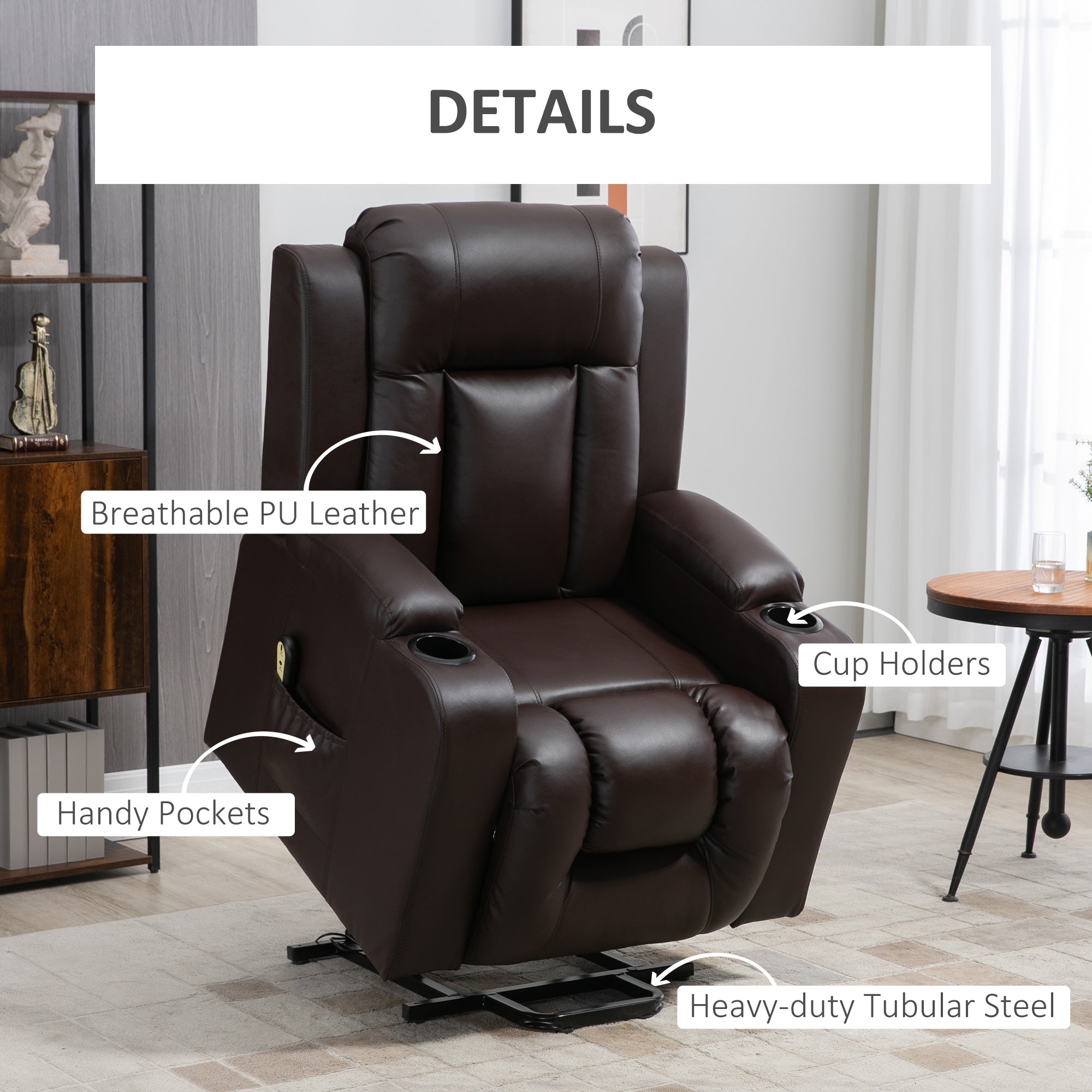 Electric Power Lift Chair, PU Leather Recliner Sofa with Footrest, Remote Control and Cup Holders, Brown-DECOROLALA