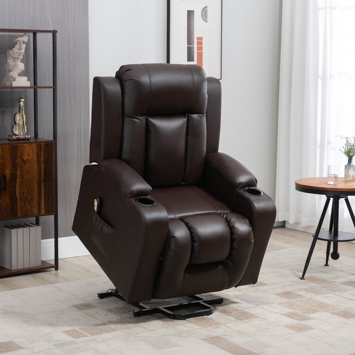 Electric Power Lift Chair, PU Leather Recliner Sofa with Footrest, Remote Control and Cup Holders, Brown-DECOROLALA