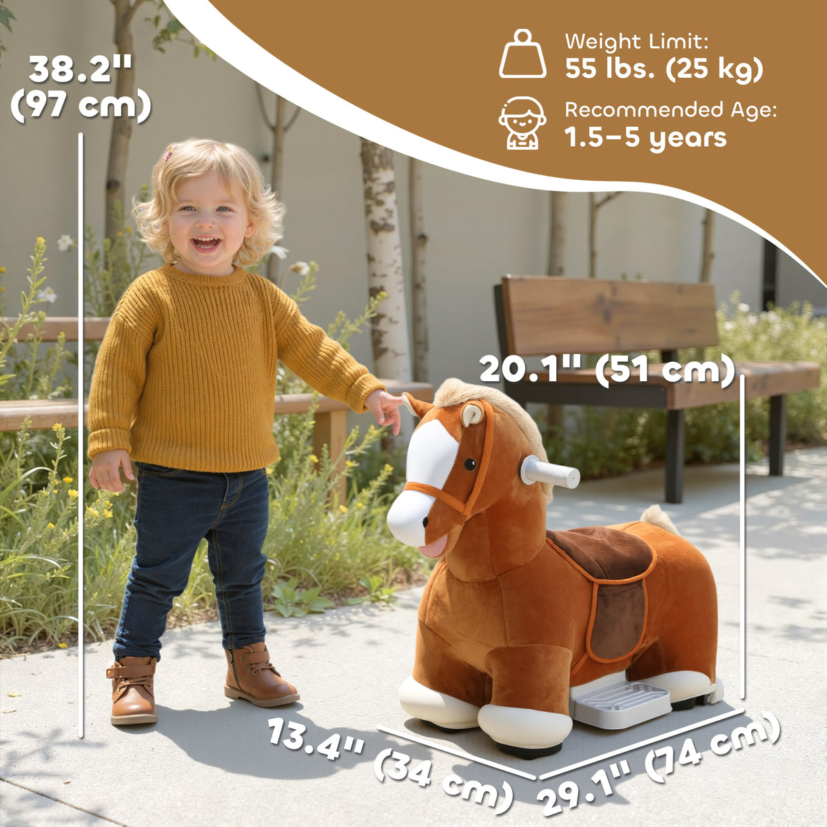 Electric Ride on Horse, Battery Powered Ride on Toy with Washable Cover and Quiet Wheels, Brown-Toys & Games > Baby & Toddler Toys > Riding & Rocking Toys > Rocking Horses-DECOROLALA