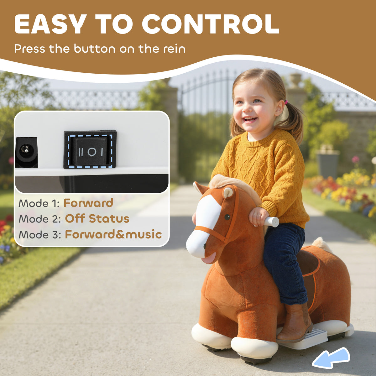 Electric Ride on Horse, Battery Powered Ride on Toy with Washable Cover and Quiet Wheels, Brown-Toys & Games > Baby & Toddler Toys > Riding & Rocking Toys > Rocking Horses-DECOROLALA