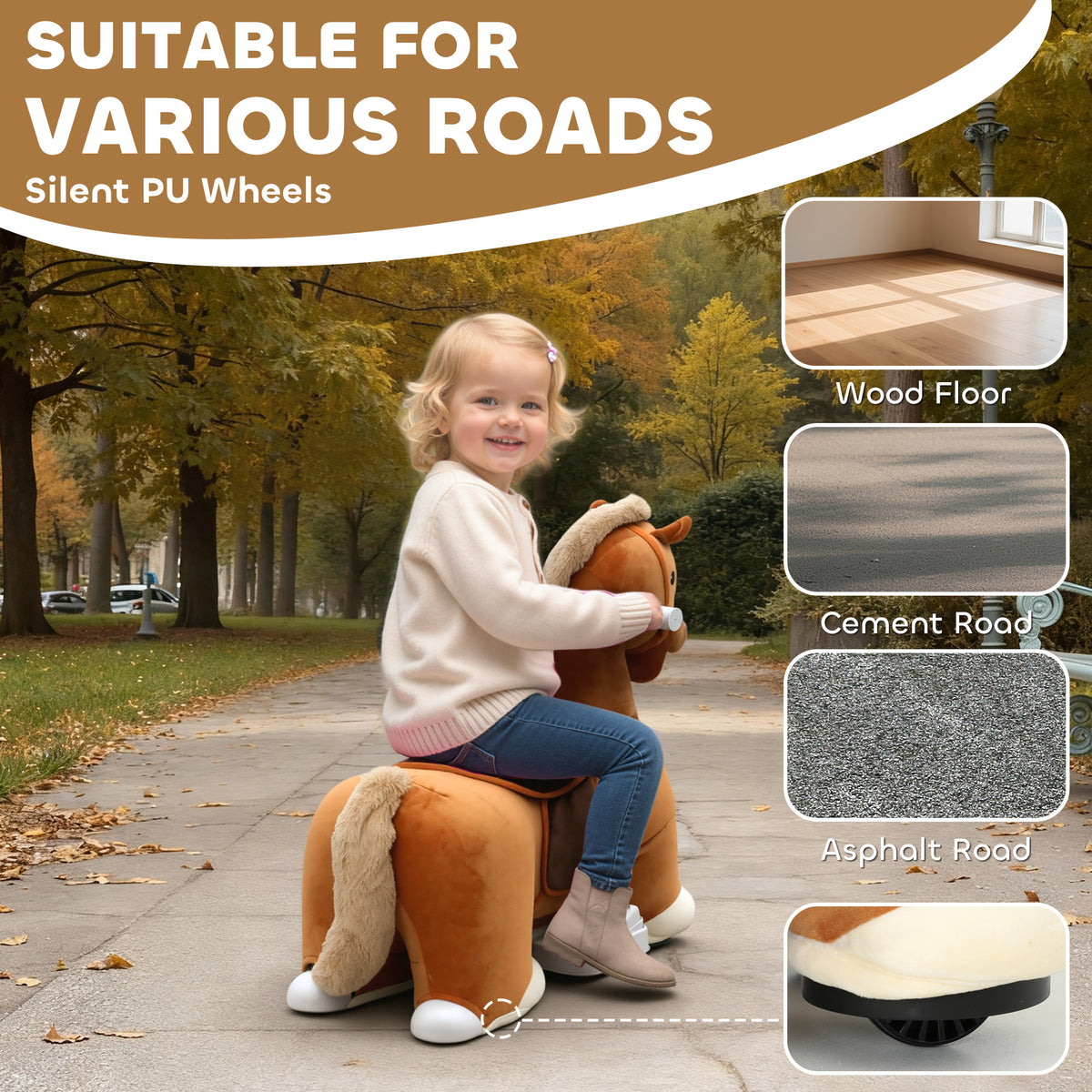 Electric Ride on Horse, Battery Powered Ride on Toy with Washable Cover and Quiet Wheels, Brown-Toys & Games > Baby & Toddler Toys > Riding & Rocking Toys > Rocking Horses-DECOROLALA