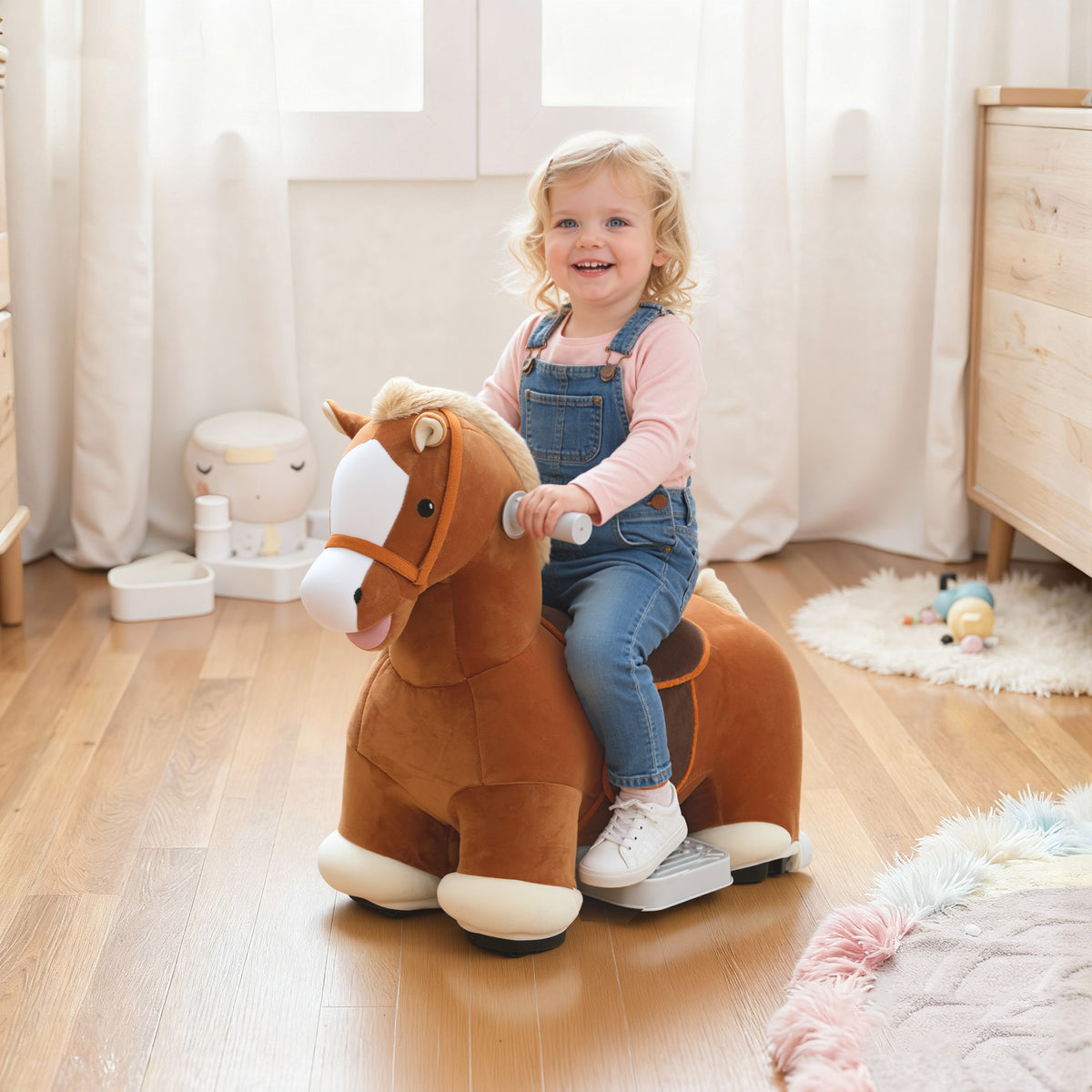 Electric Ride on Horse, Battery Powered Ride on Toy with Washable Cover and Quiet Wheels, Brown-Toys & Games > Baby & Toddler Toys > Riding & Rocking Toys > Rocking Horses-DECOROLALA