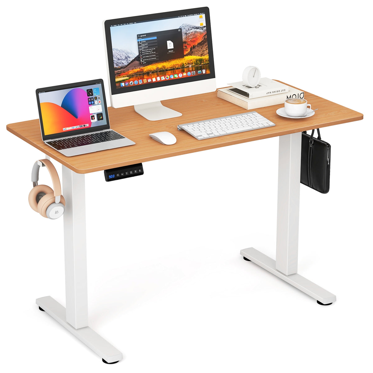 Electric Standing Desk with 3 Memory Height Settings and 2 Hanging Hooks & Cable Management-Natural-Standing Desks-DECOROLALA