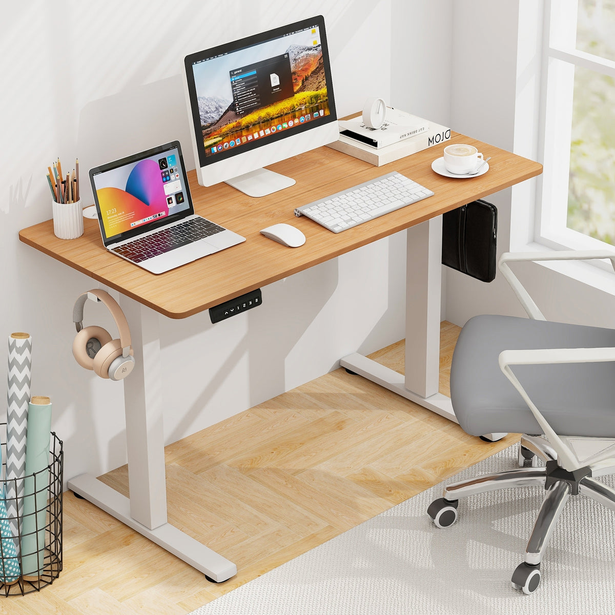 Electric Standing Desk with 3 Memory Height Settings and 2 Hanging Hooks & Cable Management-Natural-Standing Desks-DECOROLALA