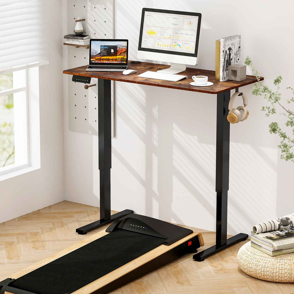 Electric Standing Desk with 3 Memory Height Settings and 2 Hanging Hooks & Cable Management-Rustic Brown-Standing Desks-DECOROLALA