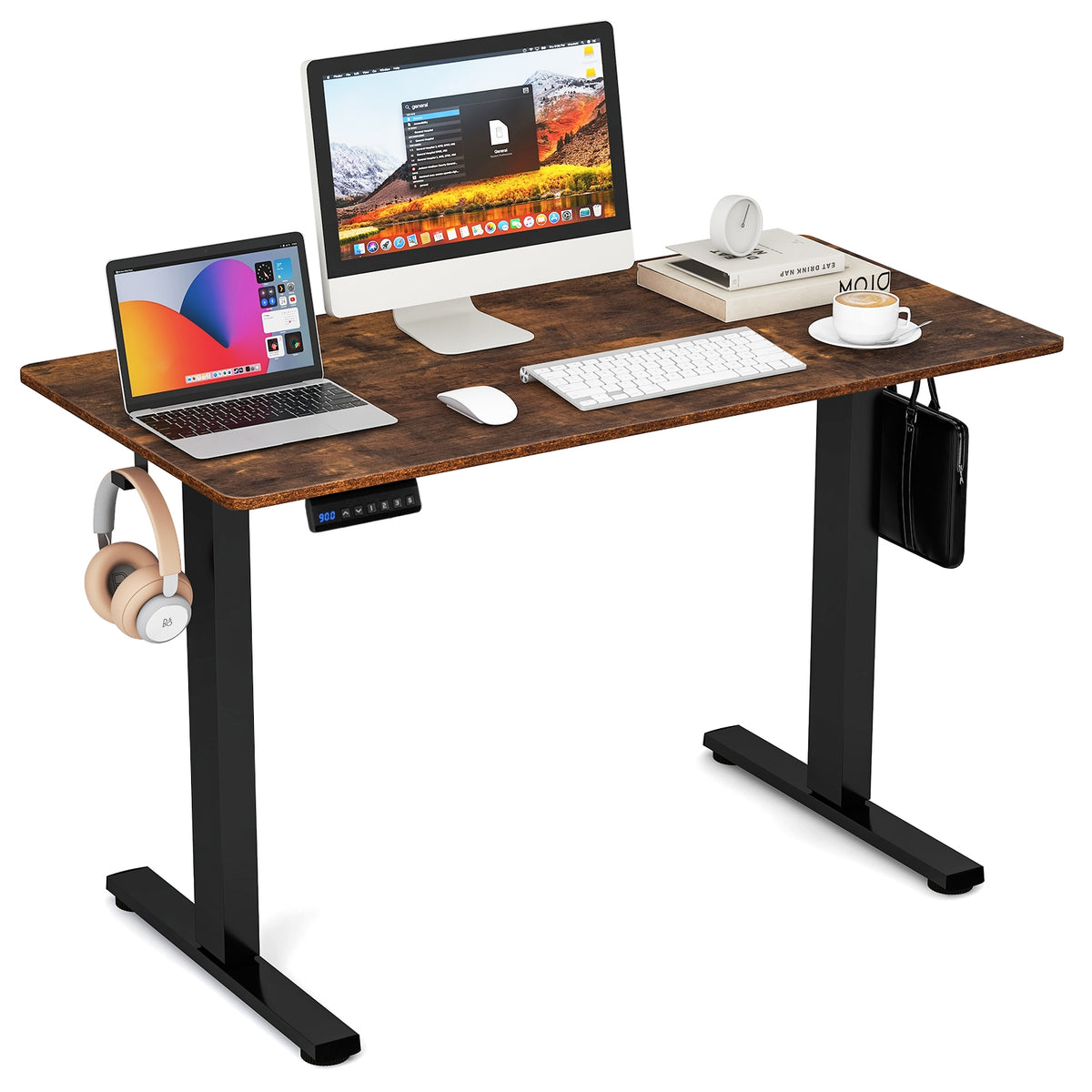 Electric Standing Desk with 3 Memory Height Settings and 2 Hanging Hooks & Cable Management-Rustic Brown-Standing Desks-DECOROLALA