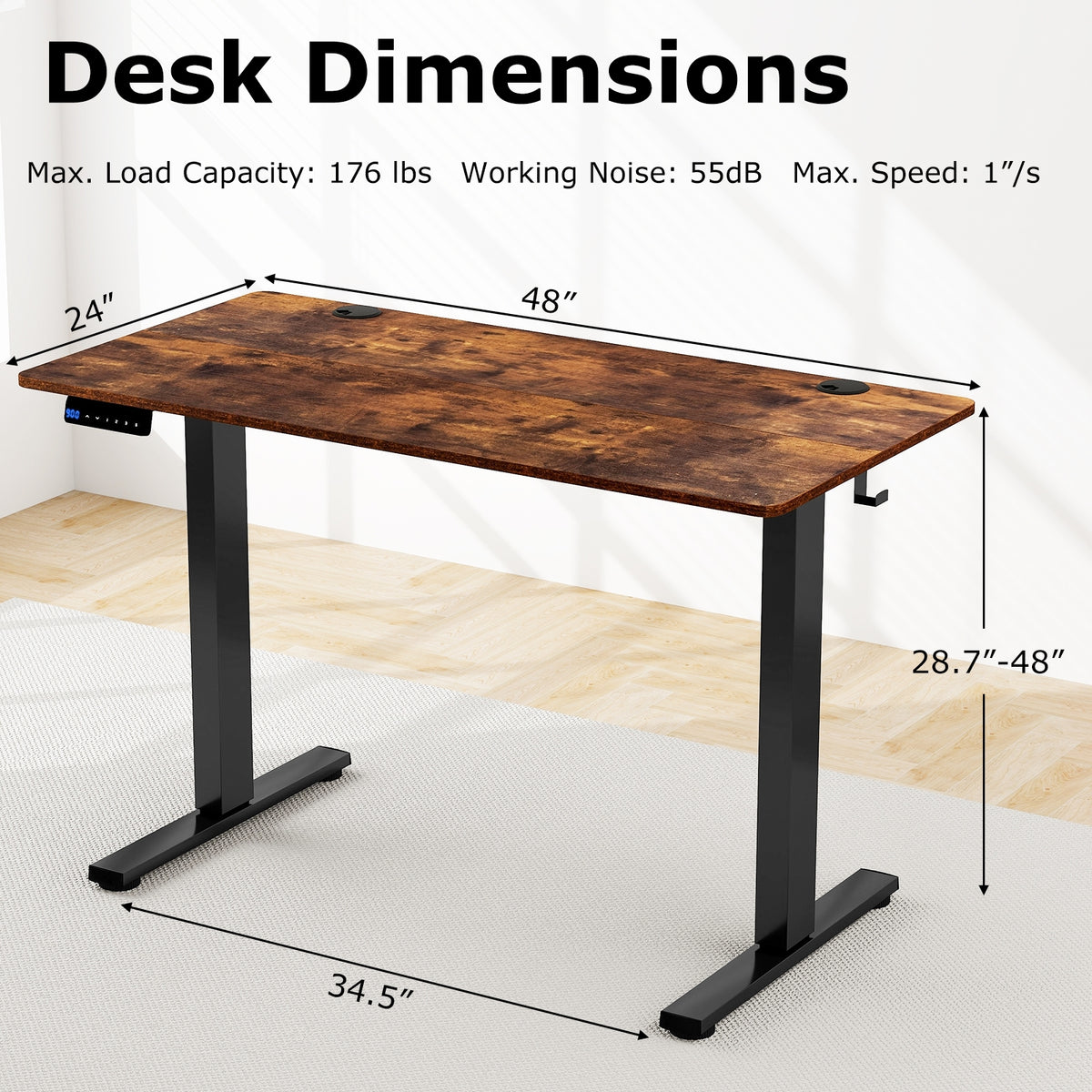 Electric Standing Desk with 3 Memory Height Settings and 2 Hanging Hooks & Cable Management-Rustic Brown-Standing Desks-DECOROLALA