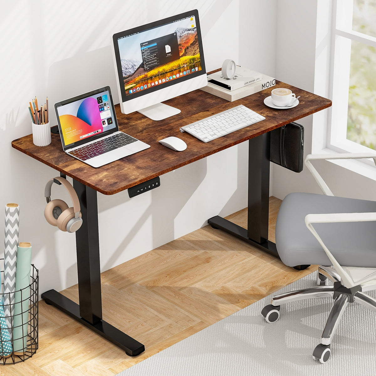 Electric Standing Desk with 3 Memory Height Settings and 2 Hanging Hooks & Cable Management-Rustic Brown-Standing Desks-DECOROLALA