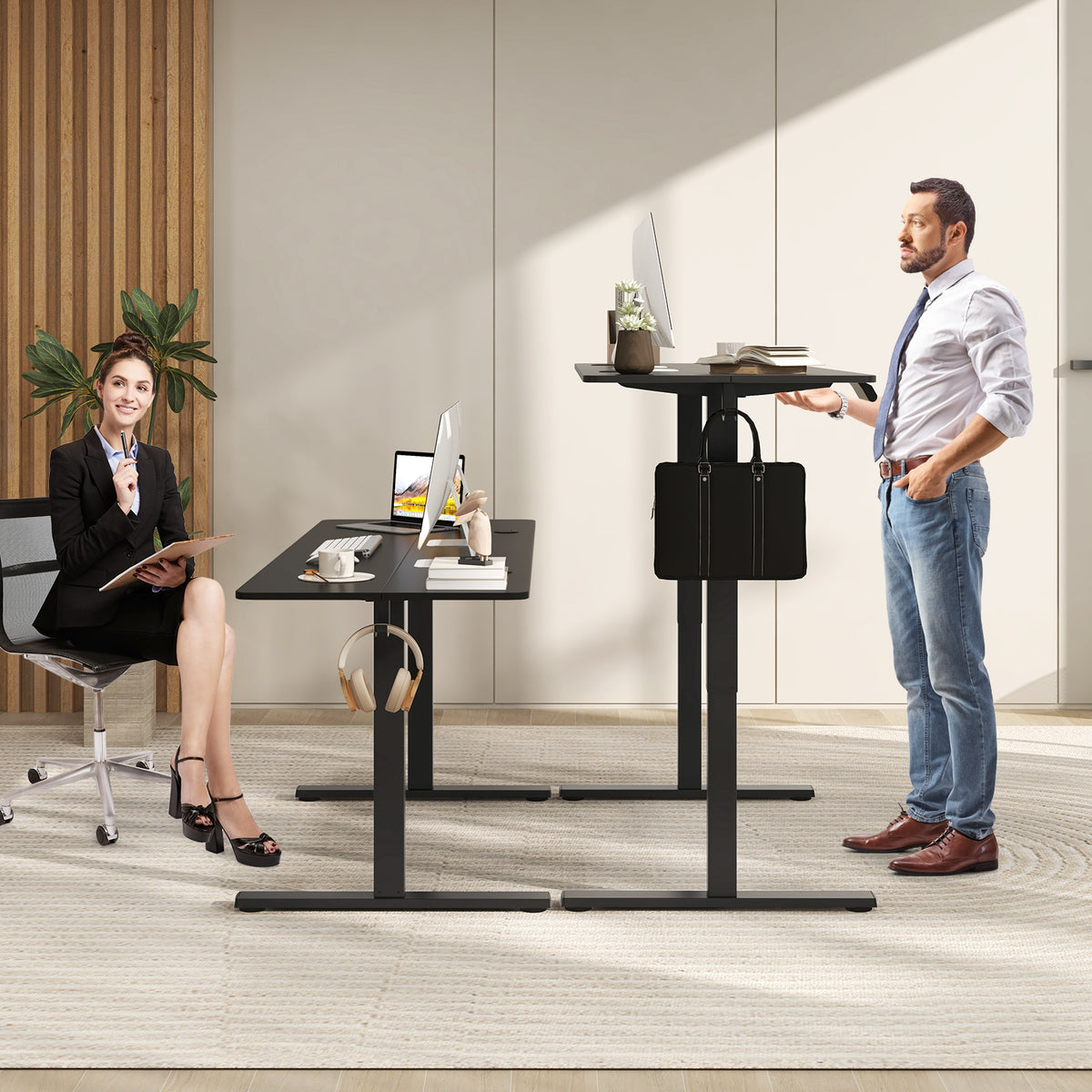 Electric Standing Desk with 3 Memory Heights and 2 Hanging Hooks and Cable Holes-Black-Standing Desks-DECOROLALA