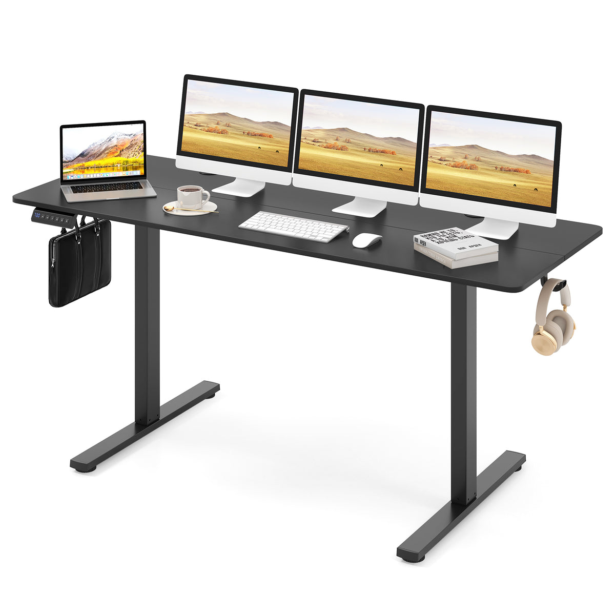 Electric Standing Desk with 3 Memory Heights and 2 Hanging Hooks and Cable Holes-Black-Standing Desks-DECOROLALA