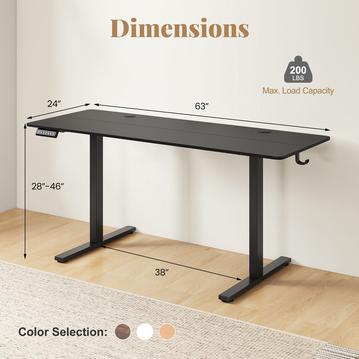 Electric Standing Desk with 3 Memory Heights and 2 Hanging Hooks and Cable Holes-Black-Standing Desks-DECOROLALA