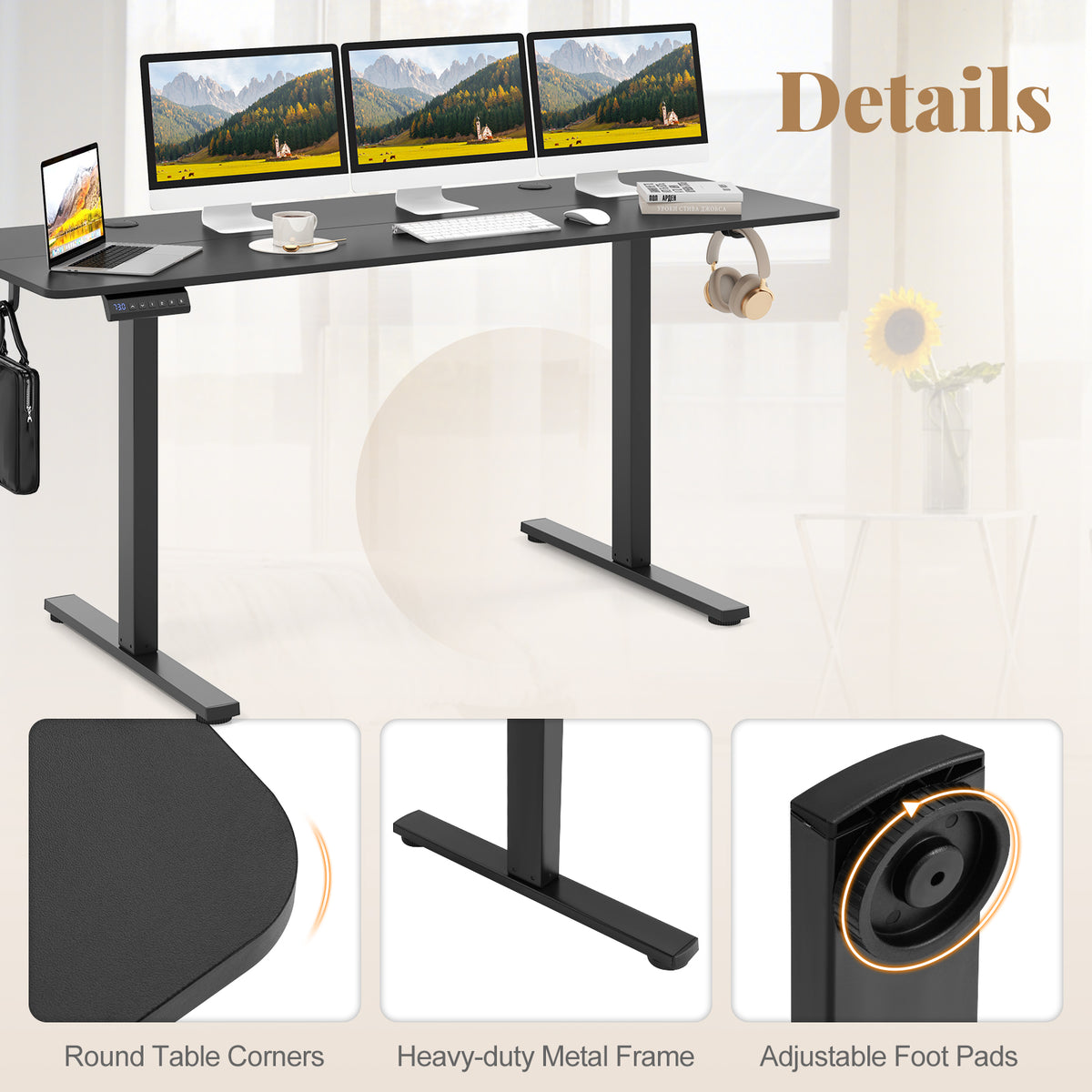 Electric Standing Desk with 3 Memory Heights and 2 Hanging Hooks and Cable Holes-Black-Standing Desks-DECOROLALA