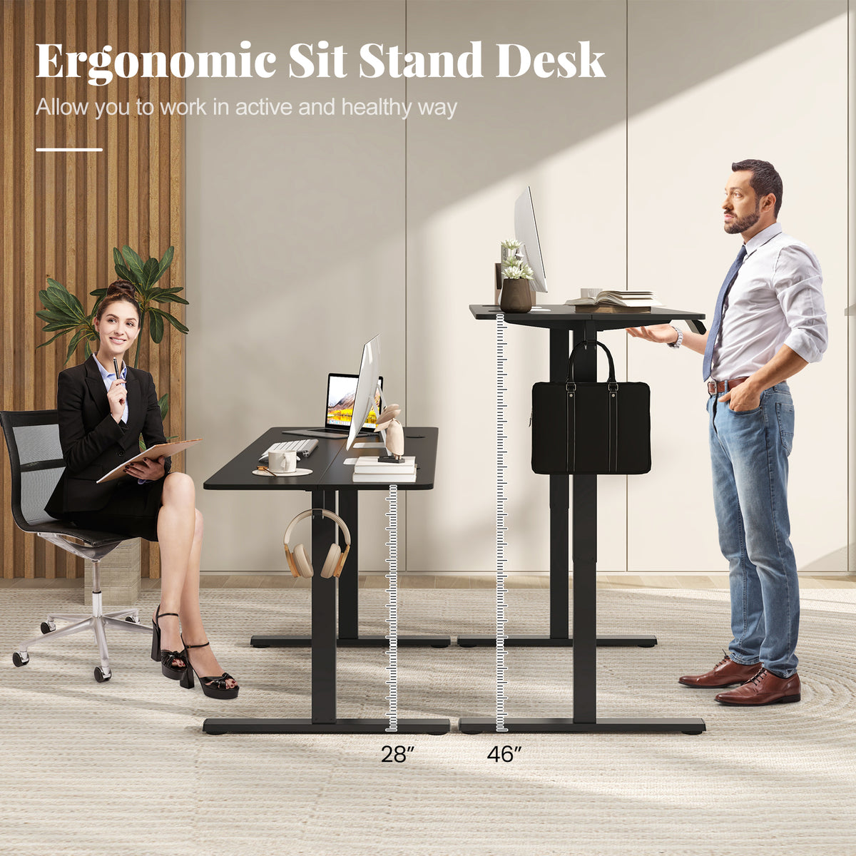 Electric Standing Desk with 3 Memory Heights and 2 Hanging Hooks and Cable Holes-Black-Standing Desks-DECOROLALA