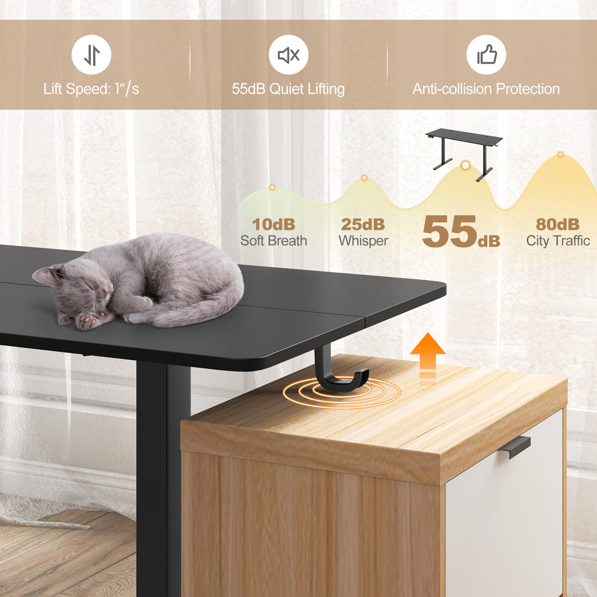 Electric Standing Desk with 3 Memory Heights and 2 Hanging Hooks and Cable Holes-Black-Standing Desks-DECOROLALA