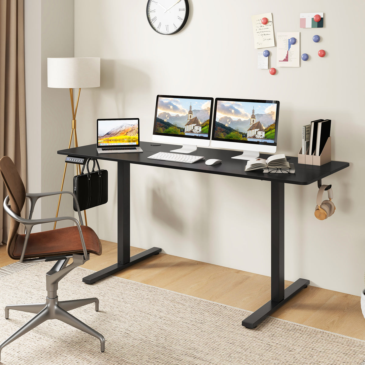 Electric Standing Desk with 3 Memory Heights and 2 Hanging Hooks and Cable Holes-Black-Standing Desks-DECOROLALA
