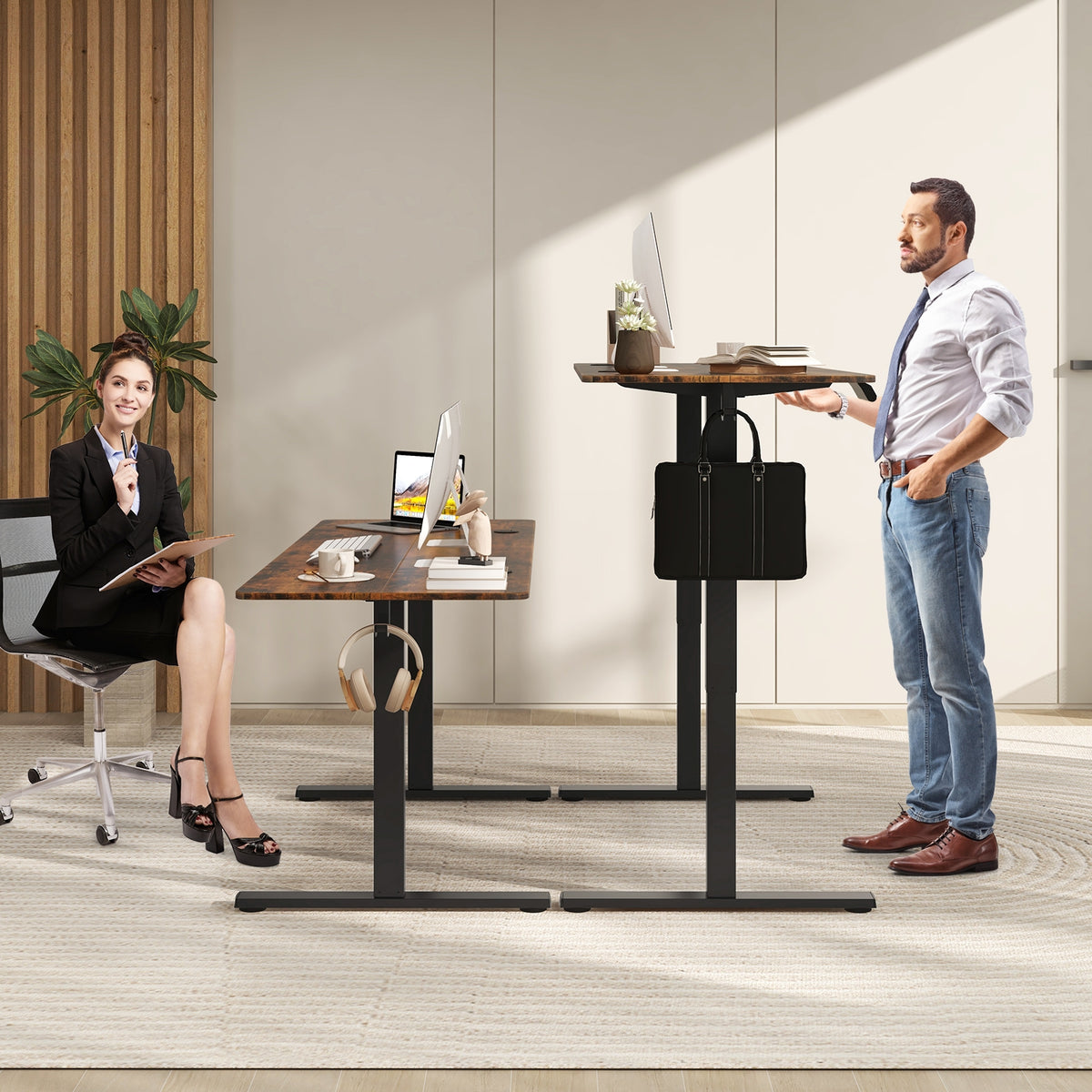 Electric Standing Desk with 3 Memory Heights and 2 Hanging Hooks and Cable Holes-Rustic Brown-Standing Desks-DECOROLALA