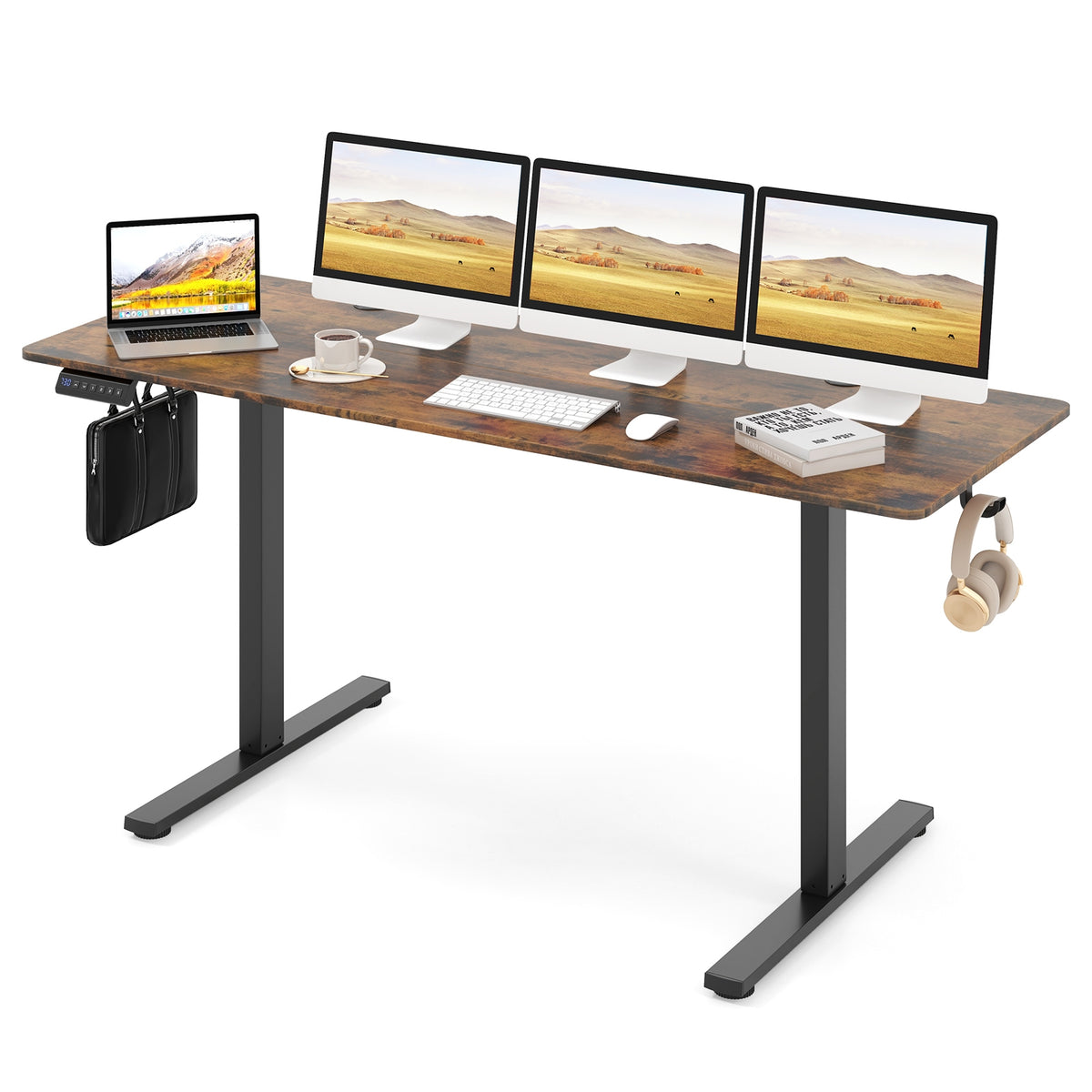 Electric Standing Desk with 3 Memory Heights and 2 Hanging Hooks and Cable Holes-Rustic Brown-Standing Desks-DECOROLALA