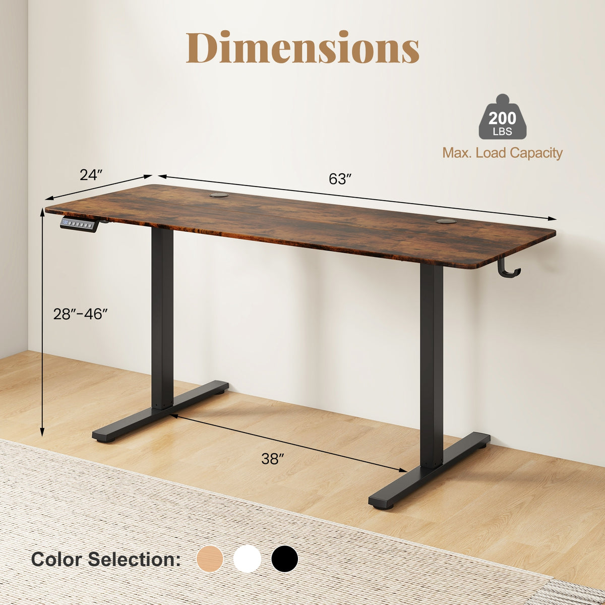 Electric Standing Desk with 3 Memory Heights and 2 Hanging Hooks and Cable Holes-Rustic Brown-Standing Desks-DECOROLALA