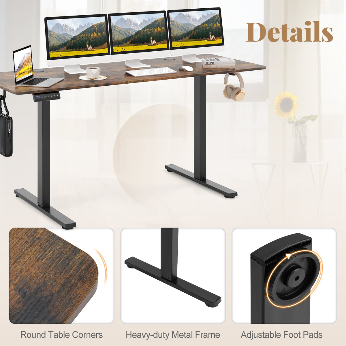 Electric Standing Desk with 3 Memory Heights and 2 Hanging Hooks and Cable Holes-Rustic Brown-Standing Desks-DECOROLALA