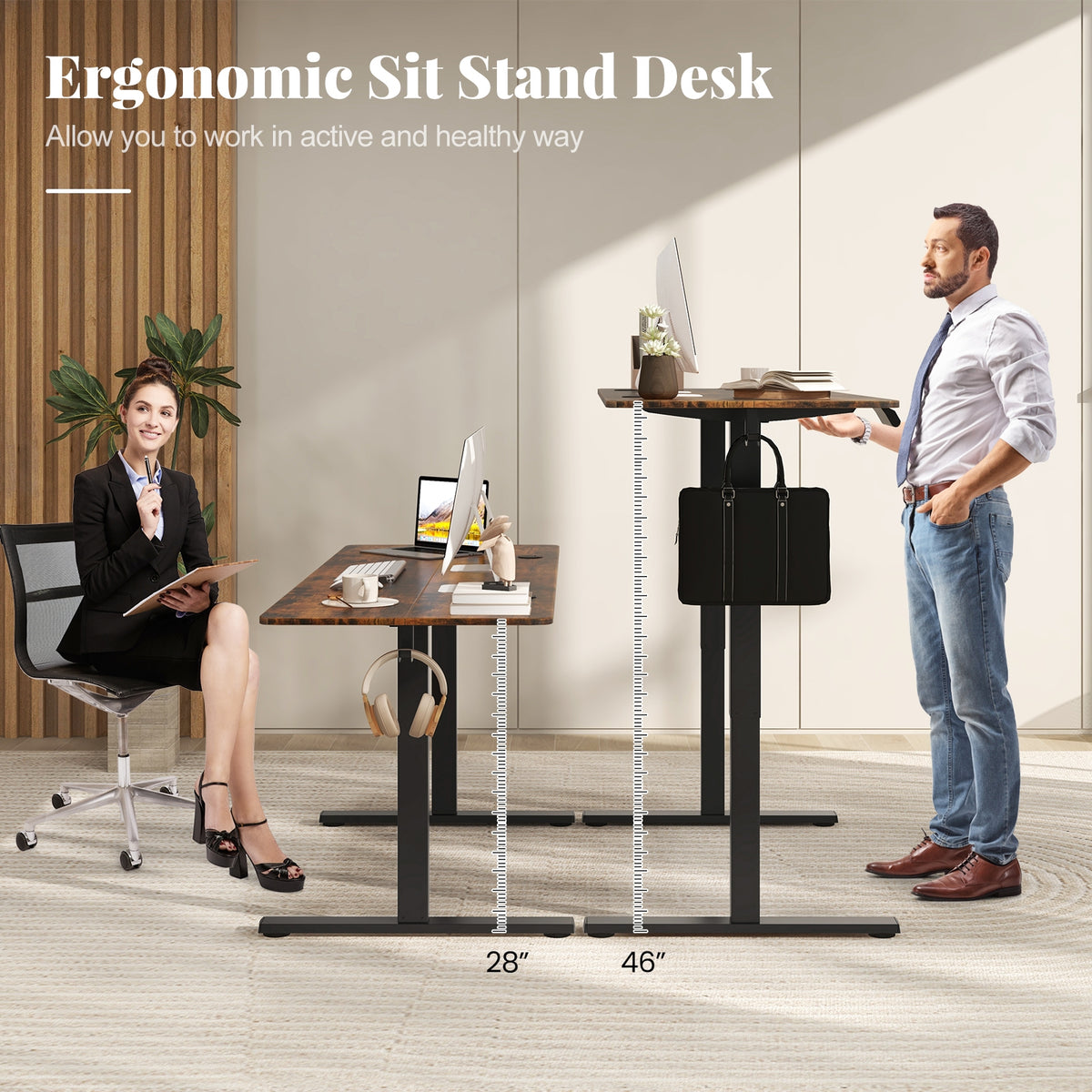 Electric Standing Desk with 3 Memory Heights and 2 Hanging Hooks and Cable Holes-Rustic Brown-Standing Desks-DECOROLALA