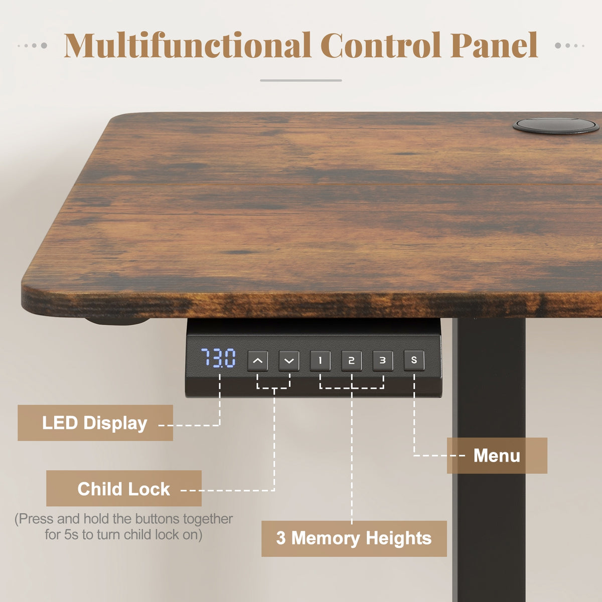 Electric Standing Desk with 3 Memory Heights and 2 Hanging Hooks and Cable Holes-Rustic Brown-Standing Desks-DECOROLALA