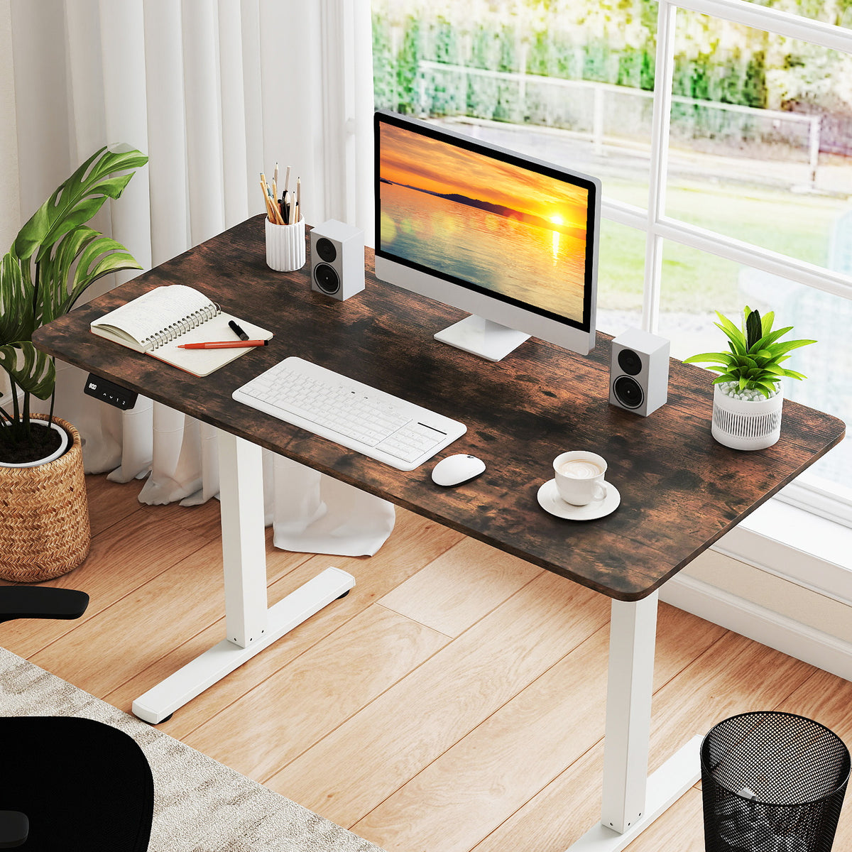 Electric Standing Desk with LED Display and 2 Memory Height Settings-Rustic Brown-Standing Desks-DECOROLALA