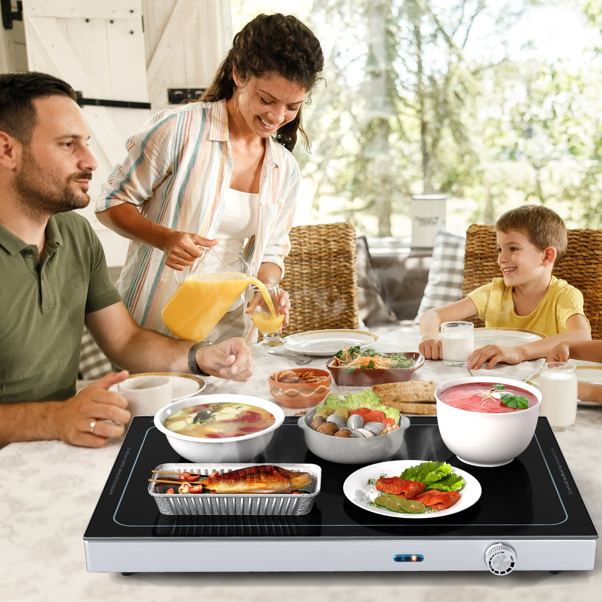 Electric Warming Tray with Adjustable Temperature and Built-In Handles Tempered Glass-Food Warmers & Burners-DECOROLALA