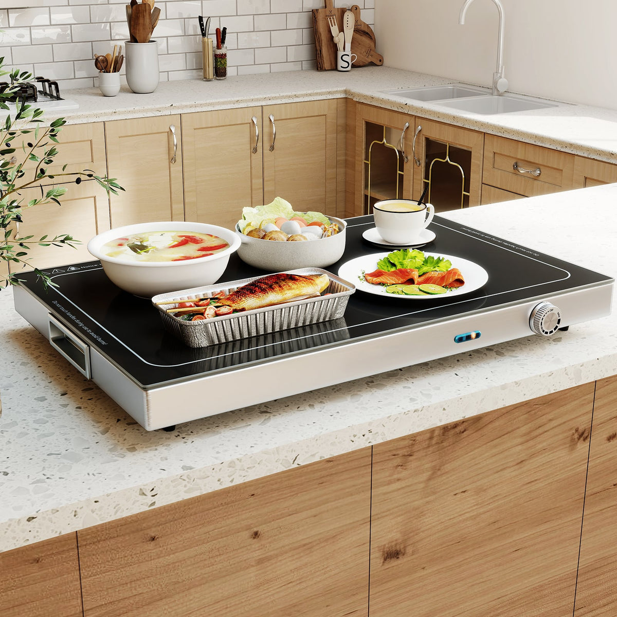 Electric Warming Tray with Adjustable Temperature and Built-In Handles Tempered Glass-Food Warmers & Burners-DECOROLALA